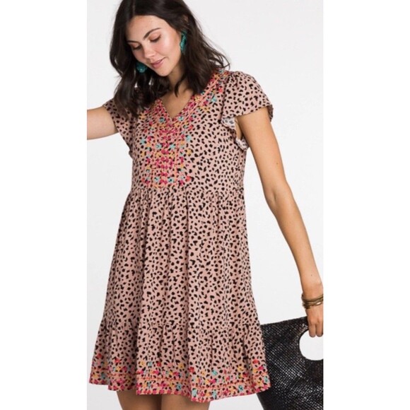 Savanna Jane Lucky in Leopard Shift Dress Embroidered Cheetah Flowers Boho Large - Picture 1 of 10